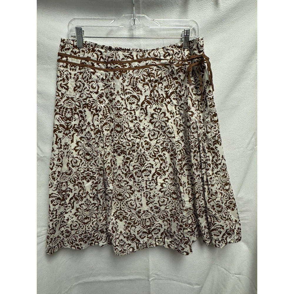 LAPIS Women Brown White Floral Flare Skirt Medium Cotton Side Zipper Knee Length
